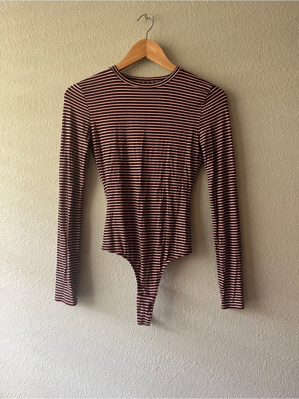 Madewell Striped Long-Sleeve Bodysuit in Burgundy and White Small